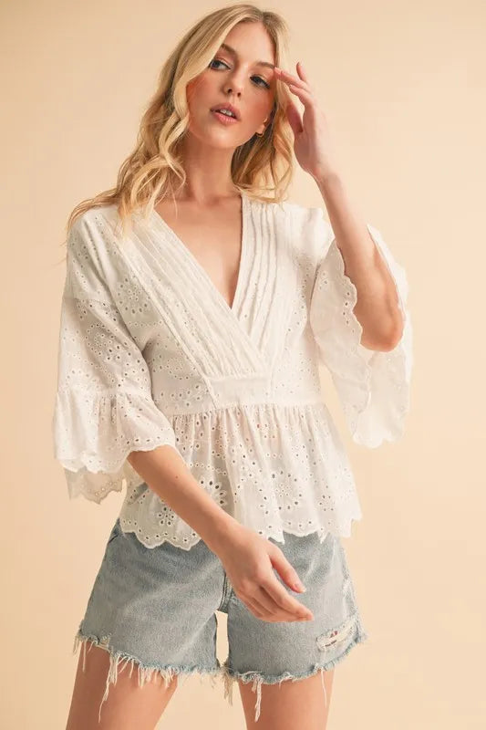 Aemi+Co Flounce Sleeve Eyelet Peplum Top WHITE