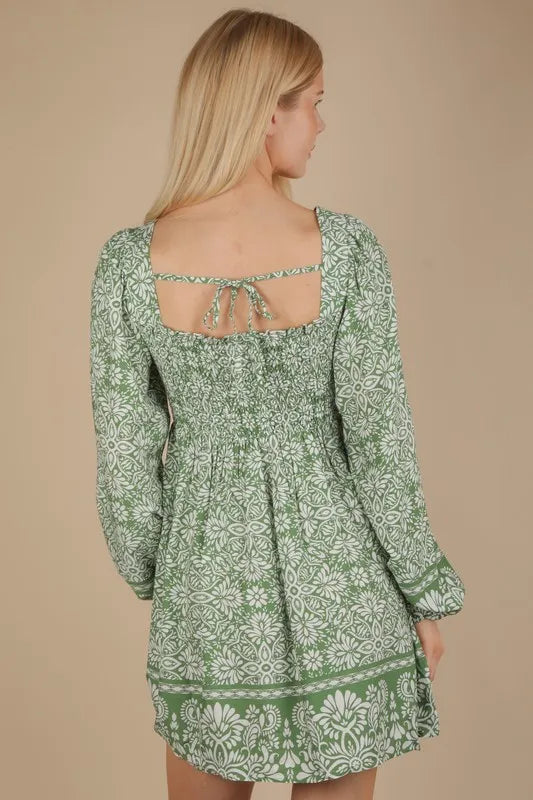 Very J green white floral smocked chest boho mini dress