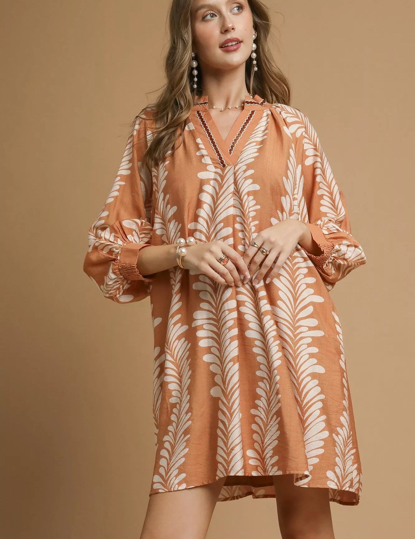 TAUPE Umgee Leaf Print Notched Mini Babydoll Dress | Mini Dresses Daverri Fashions