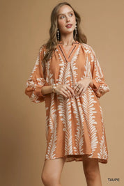 TAUPE Umgee Leaf Print Notched Mini Babydoll Dress | Mini Dresses Daverri Fashions