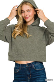 Drop Shoulder Ribbed Crop Hoodie Dk Olive | Hoodies Daverri Fashions