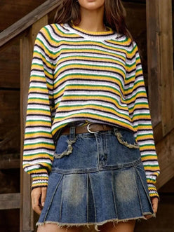 Rainbow Striped Pullover Sweater - DAVERRI FASHIONS