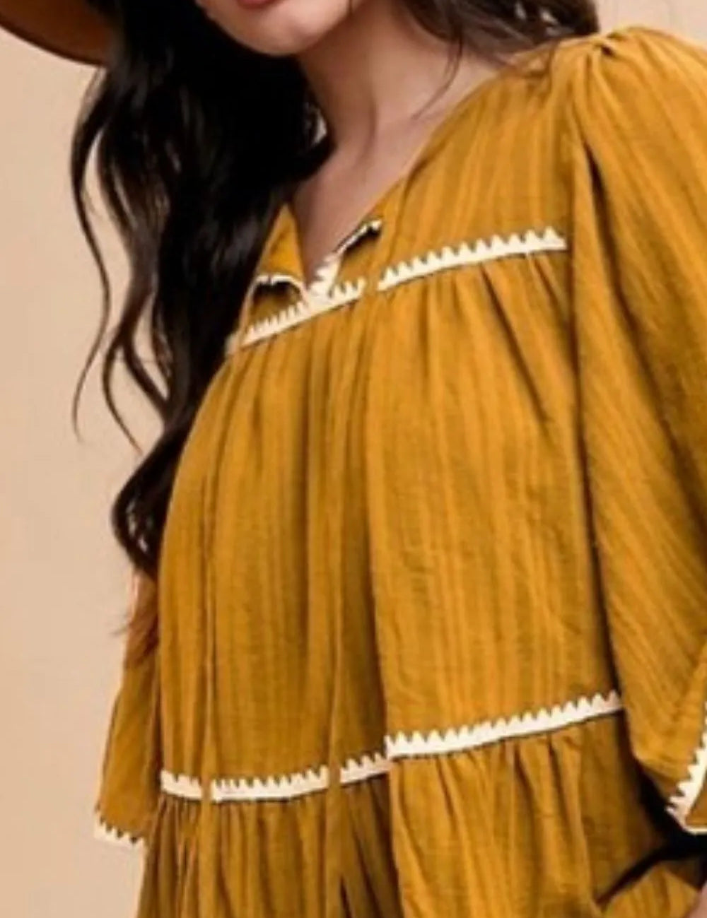 Annie Wear Tassel Contrast Trim Tie Neck Half Sleeve Tiered Dress | Mini Dresses Daverri Fashions