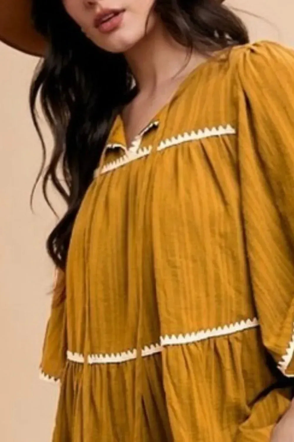 Annie Wear Tassel Contrast Trim Tie Neck Half Sleeve Tiered Dress - DAVERRI FASHIONS