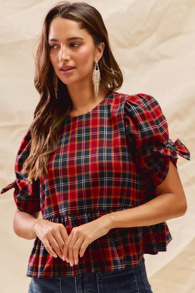 SO ME Christmas Holiday Plaid Ribbon Short Sleeves Top | Blouses Daverri Fashions