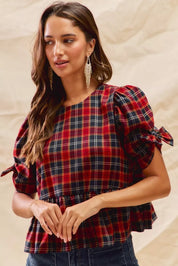 SO ME Christmas Holiday Plaid Ribbon Short Sleeves Top | Blouses Daverri Fashions