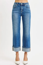 RISEN Full Size Mid Rise Crop Straight Cuffed Jeans Plus Size | Daverri Fashions