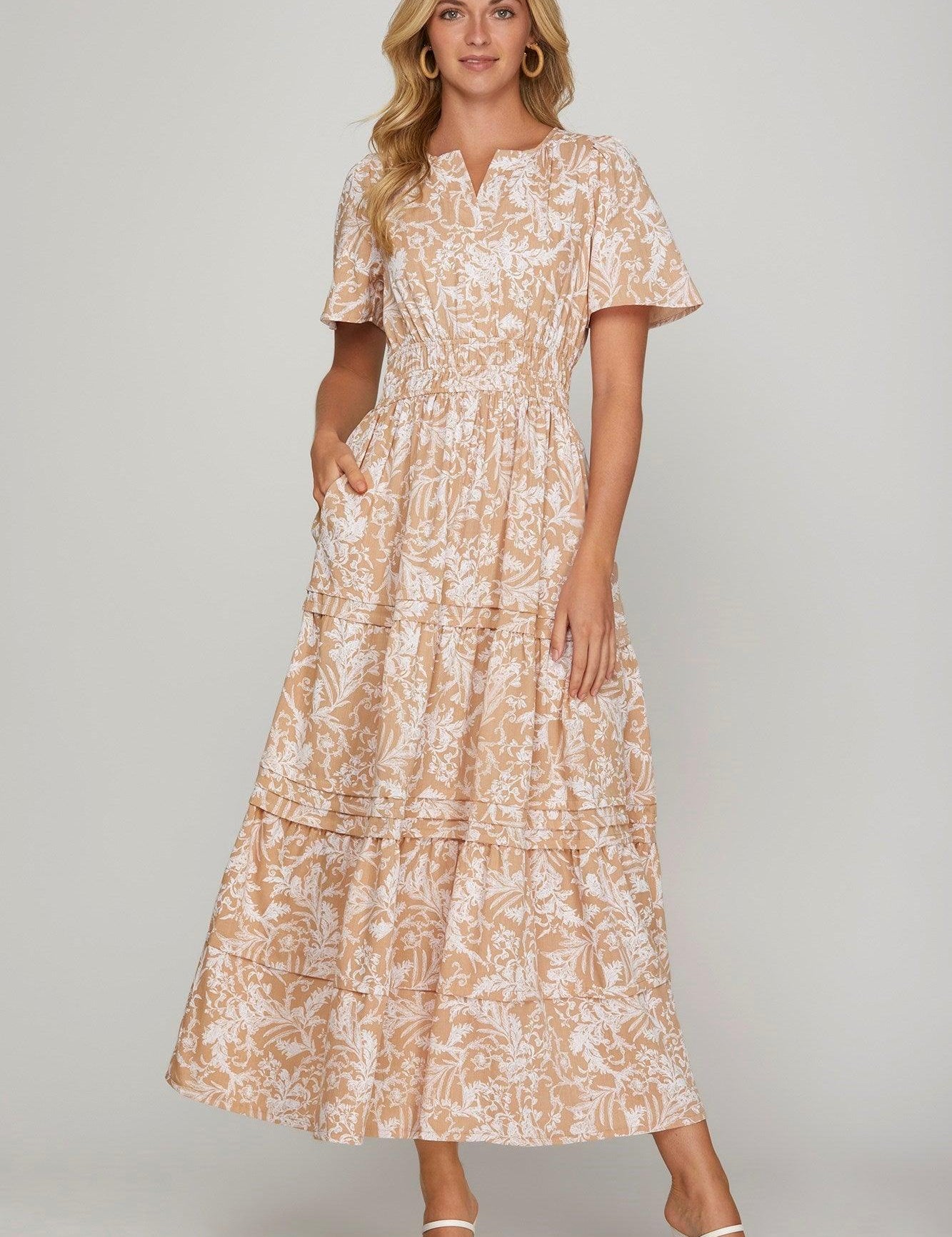 Apricot S She + Sky Printed Notched Woven Tiered Pintuck Maxi Dress with Side Pockets | Daverri Fashions