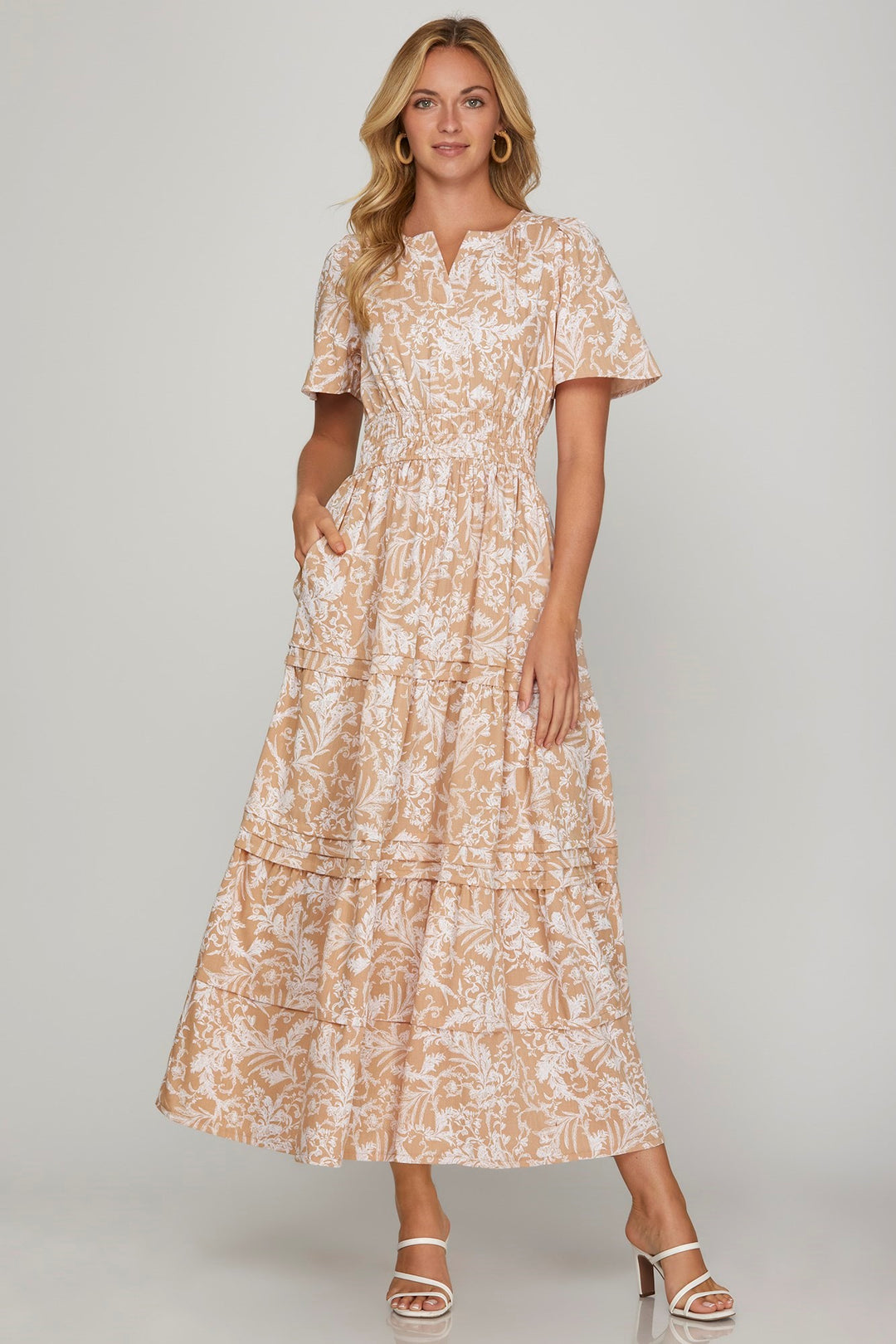 She + Sky Printed Notched Woven Tiered Pintuck Maxi Dress with Side Pockets Apricot