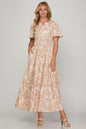 She + Sky Printed Notched Woven Tiered Pintuck Maxi Dress with Side Pockets - DAVERRI FASHIONS