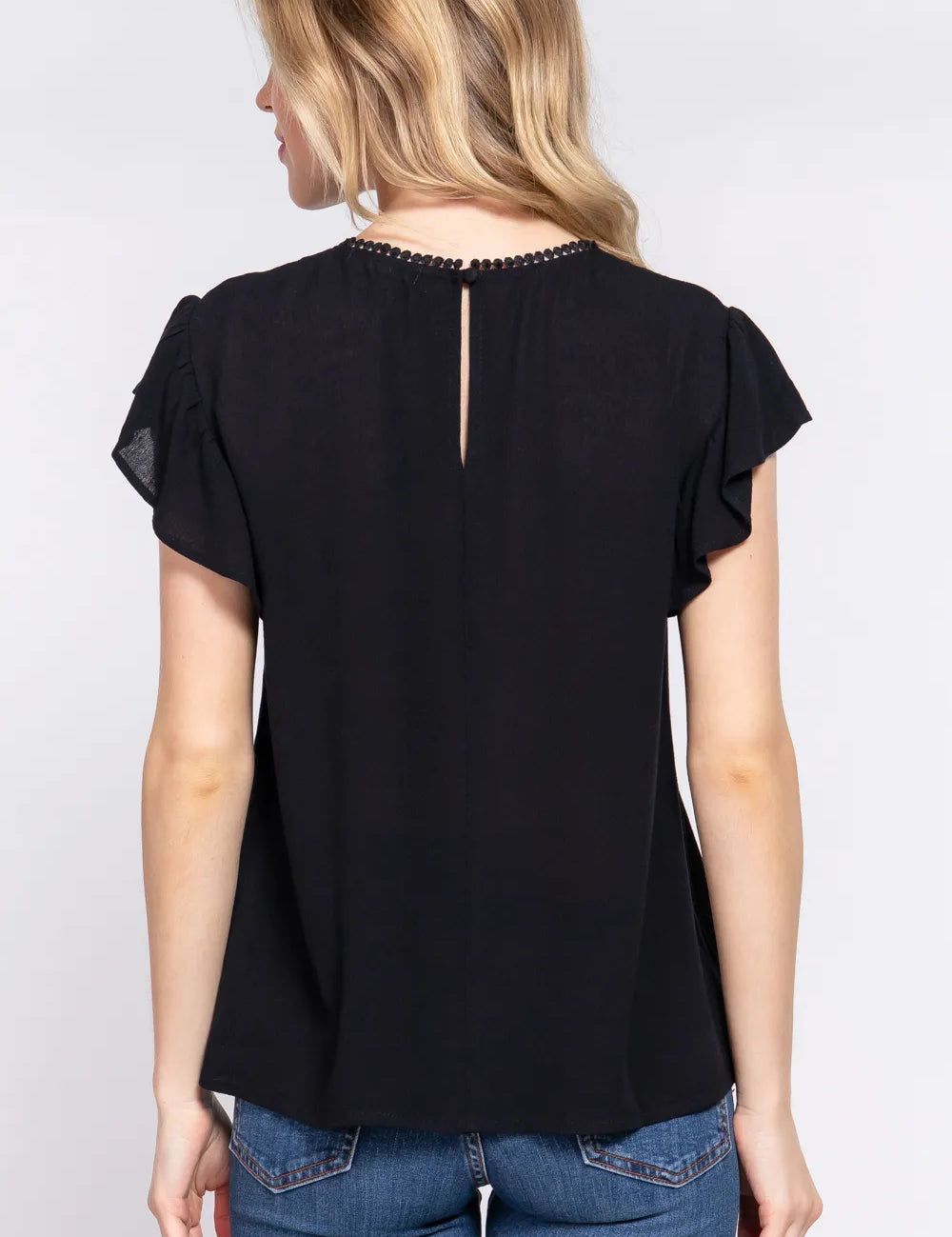 ACTIVE BASIC Ruffle Short Sleeve Crochet Blouse | Daverri Fashions