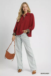 Umgee Half Button Blouse with Leopard Print Trim | Blouses Daverri Fashions