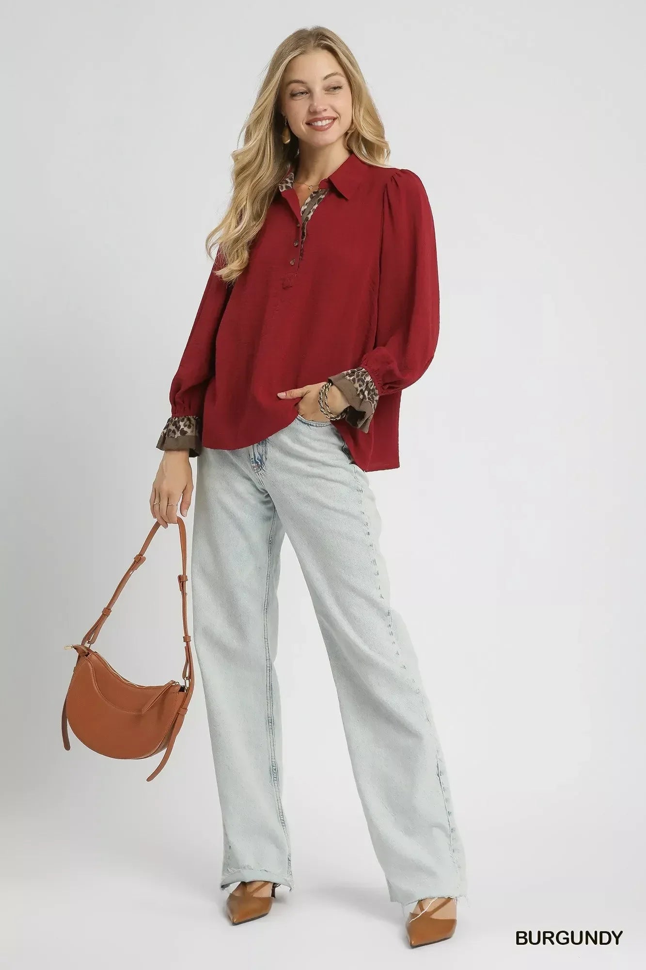 Umgee Half Button Blouse with Leopard Print Trim - DAVERRI FASHIONS