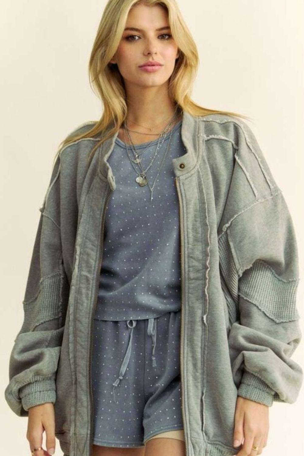 Davi & Dani Exposed Seam Zip Up Dropped Shoulder Jacket Grey M Tops