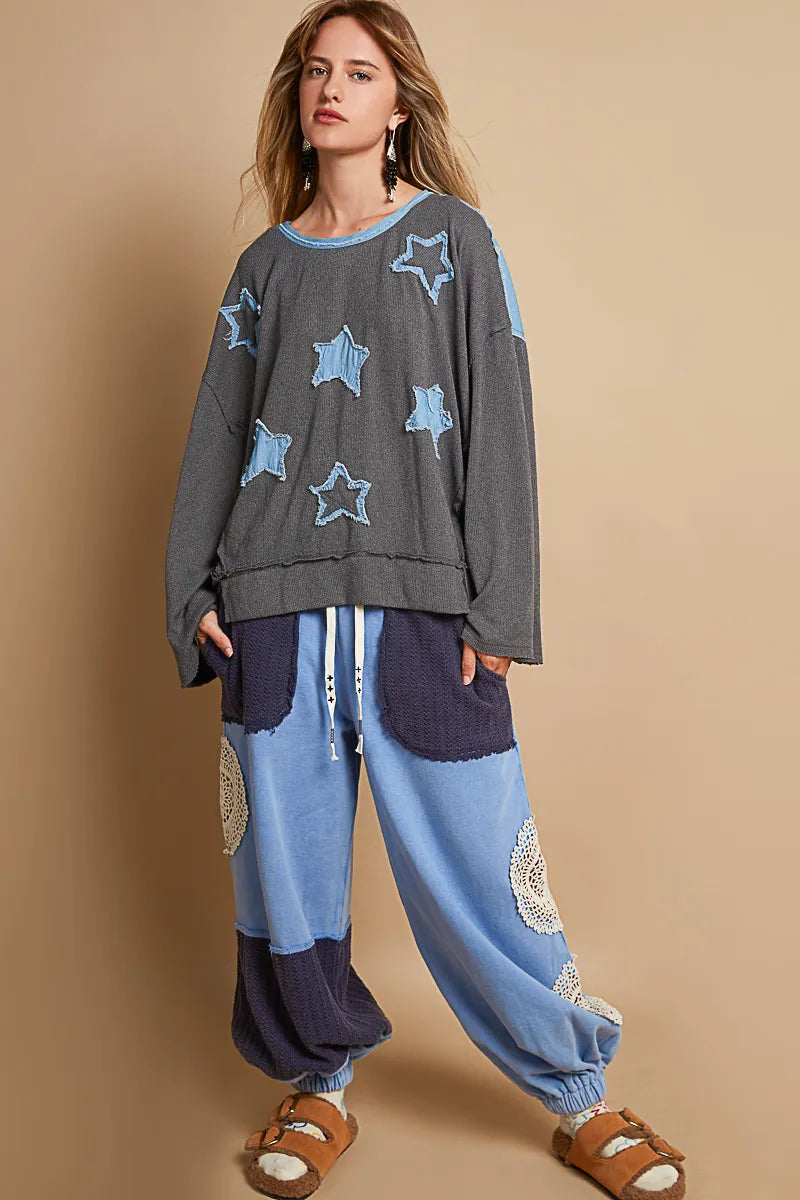 POL Exposed Seam Relaxed Fit Sweater with Star Denim Patch | Sweaters Daverri Fashions