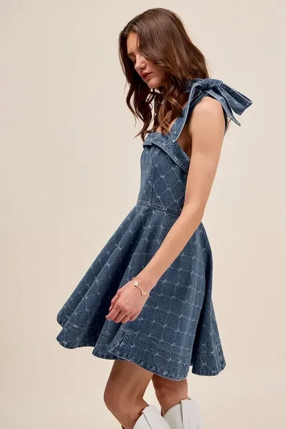 SO ME A Line Fit and Flare Diamond Bow Ribbon Denim Dres - DAVERRI FASHIONS