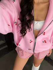 Cherry Print Oversized Zip-Up Hoodie | Hoodies Daverri Fashions