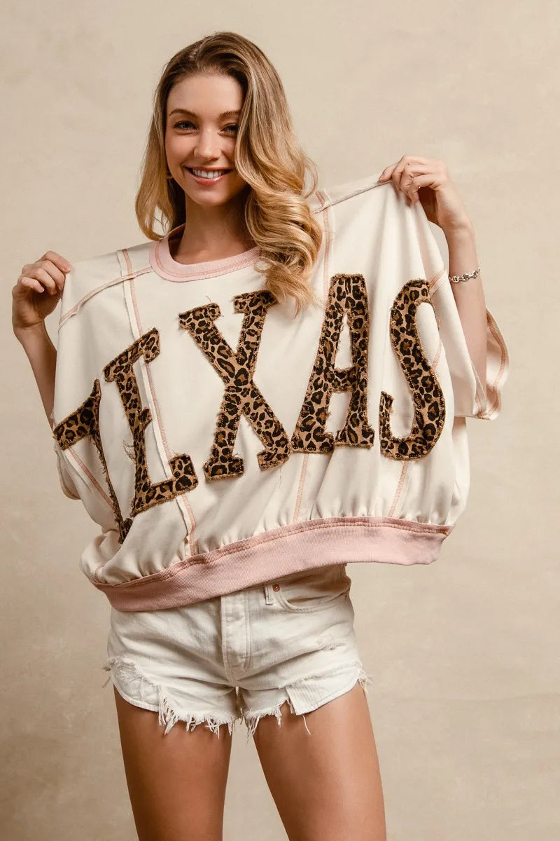 BiBi Leopard Print Texas Patchwork Overlock Stitch Top Tops