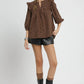 Umgee Bow Print Corduroy Puff Sleeve Blouse with Ruffled Blouses
