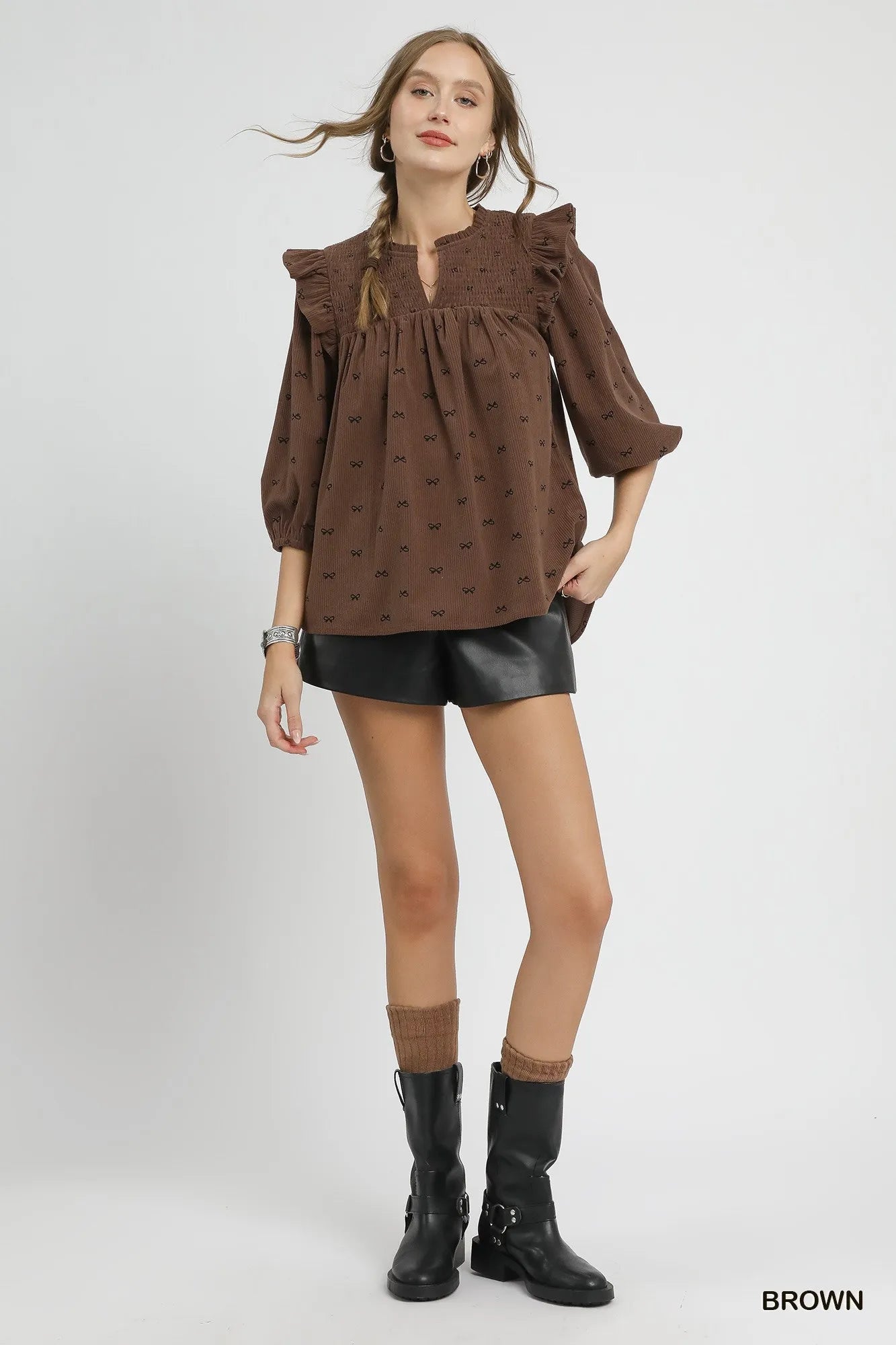 Umgee Bow Print Corduroy Puff Sleeve Blouse with Ruffled Blouses