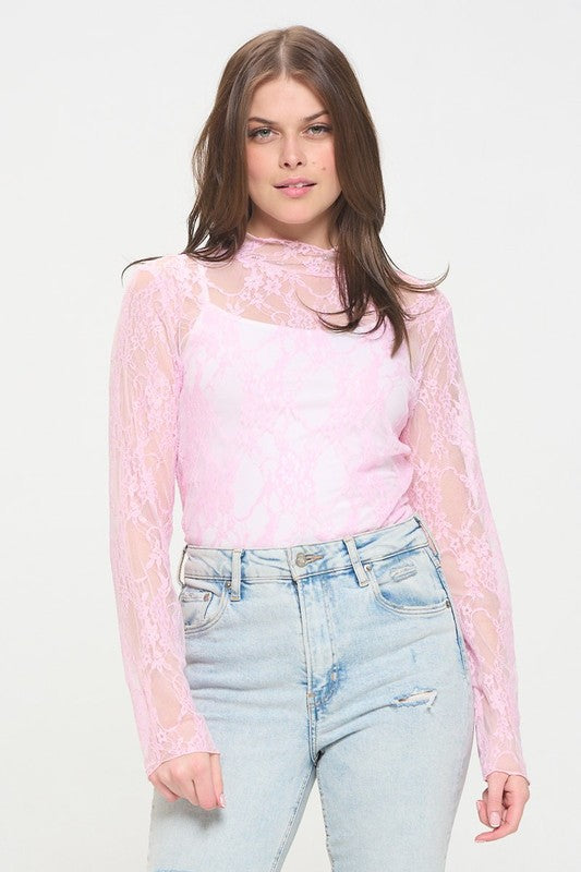 Jade by Jane floral print long sleeve lace mesh top in pink