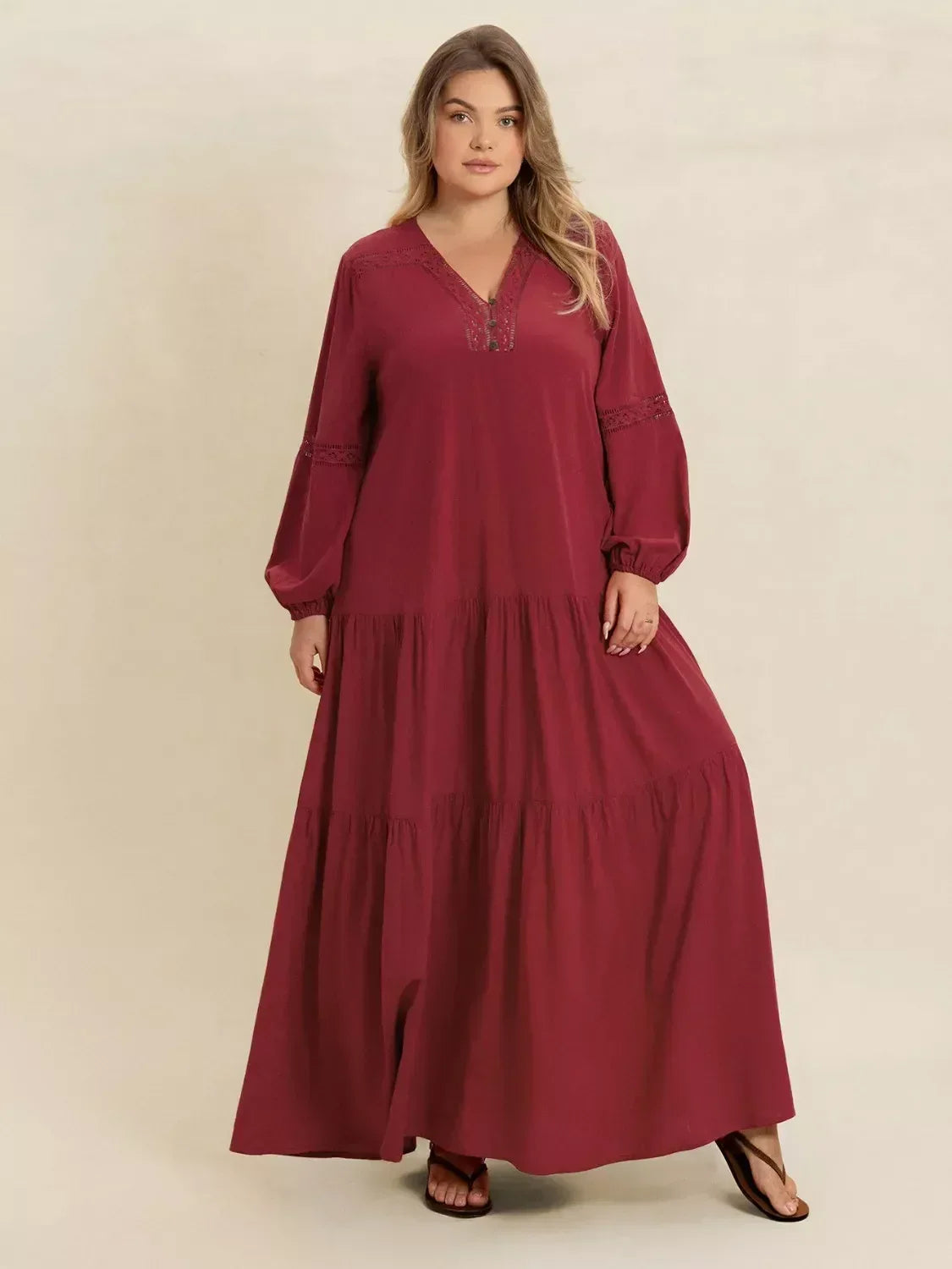 Plus Size Bohemian Tiered Maxi Dress with Balloon Sleeves - DAVERRI FASHIONS