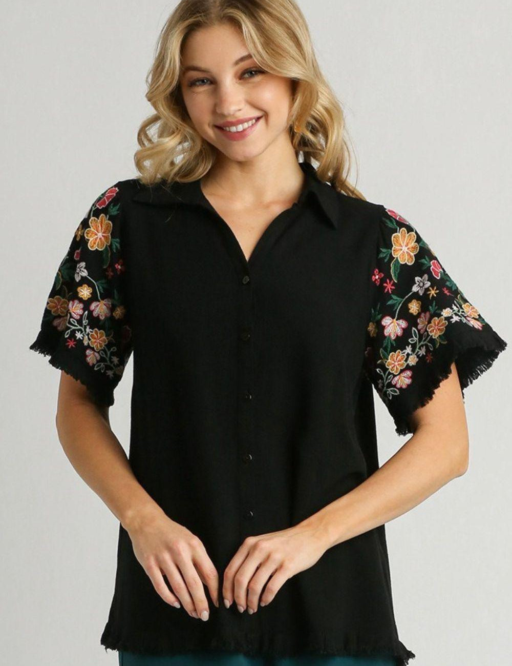Umgee Full Size Linen Shirt with Embroidered Sleeves Plus Size | Daverri Fashions