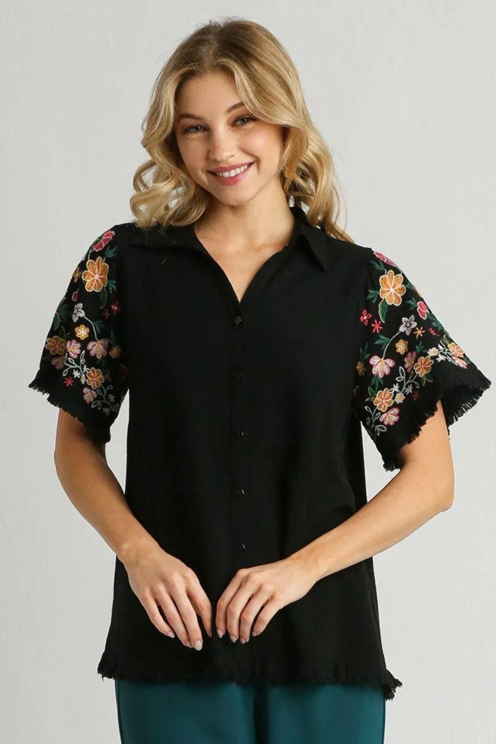 Umgee Full Size Linen Shirt with Embroidered Sleeves Plus Size - DAVERRI FASHIONS