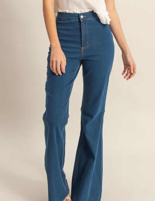 Dark HYFVE Raw Hem High-Waist Washed Flared Jeans | Jeans Daverri Fashions