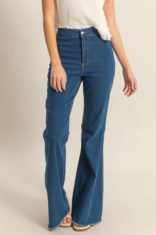 Dark HYFVE Raw Hem High-Waist Washed Flared Jeans | Jeans Daverri Fashions