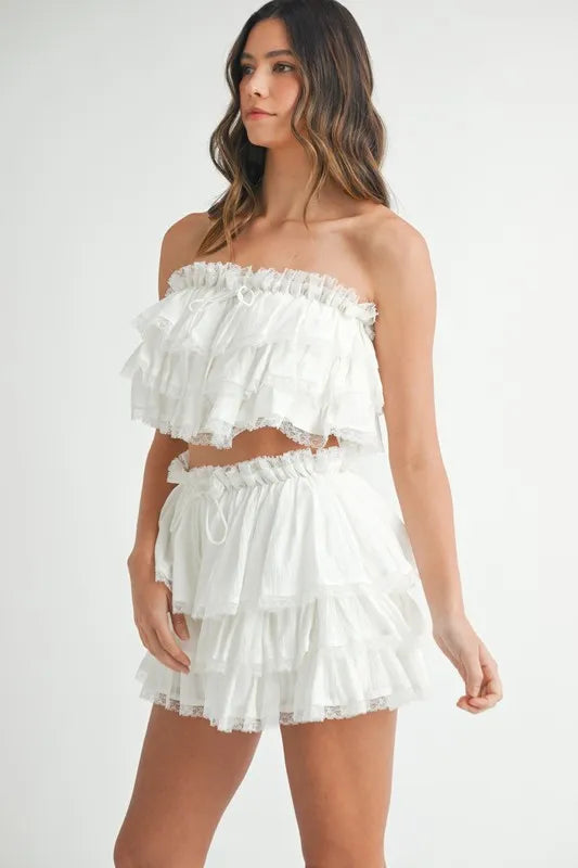 MABLE Ruffle Layered Crop Top and Mini Skirt Set Outfit Sets