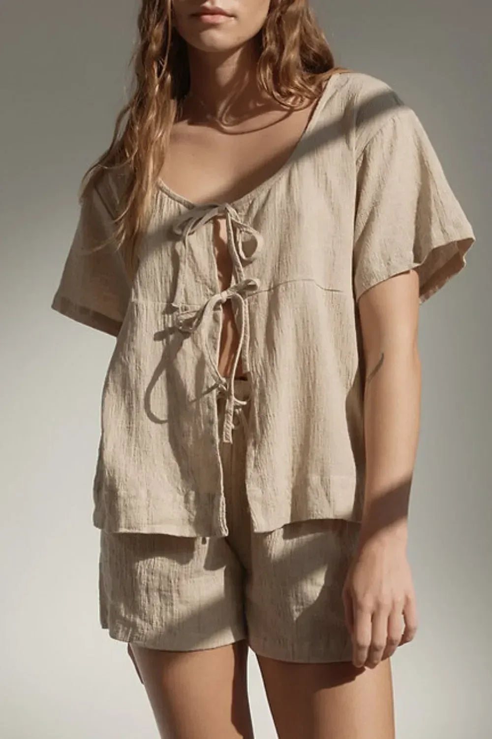 Plaid Tied Scoop Neck Short Sleeve Top and Drawstring Shorts Set - DAVERRI FASHIONS