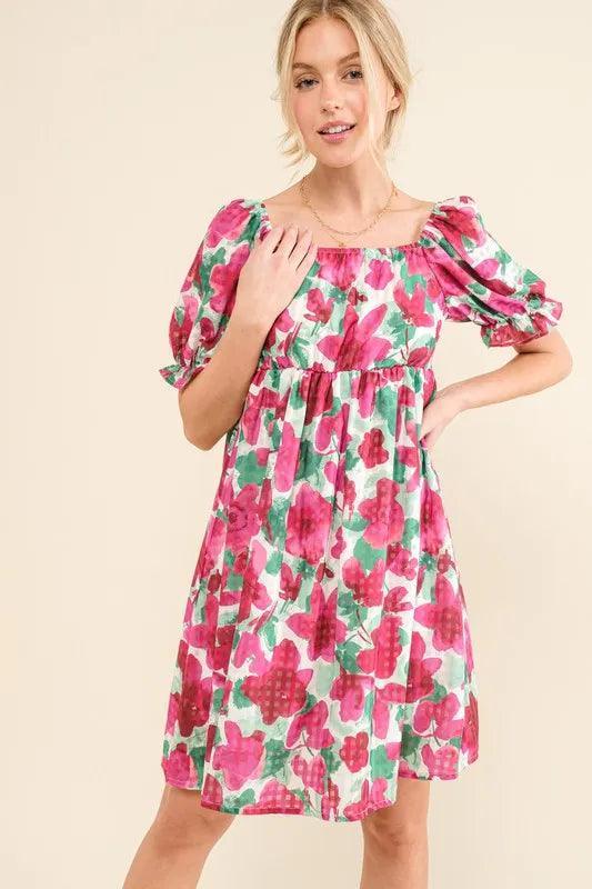 And The Why Smocked Floral Ruffle Short Sleeve Mini Dress - DAVERRI FASHIONS