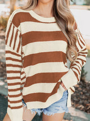 Brown and cream striped drop shoulder patchwork baggy sweater