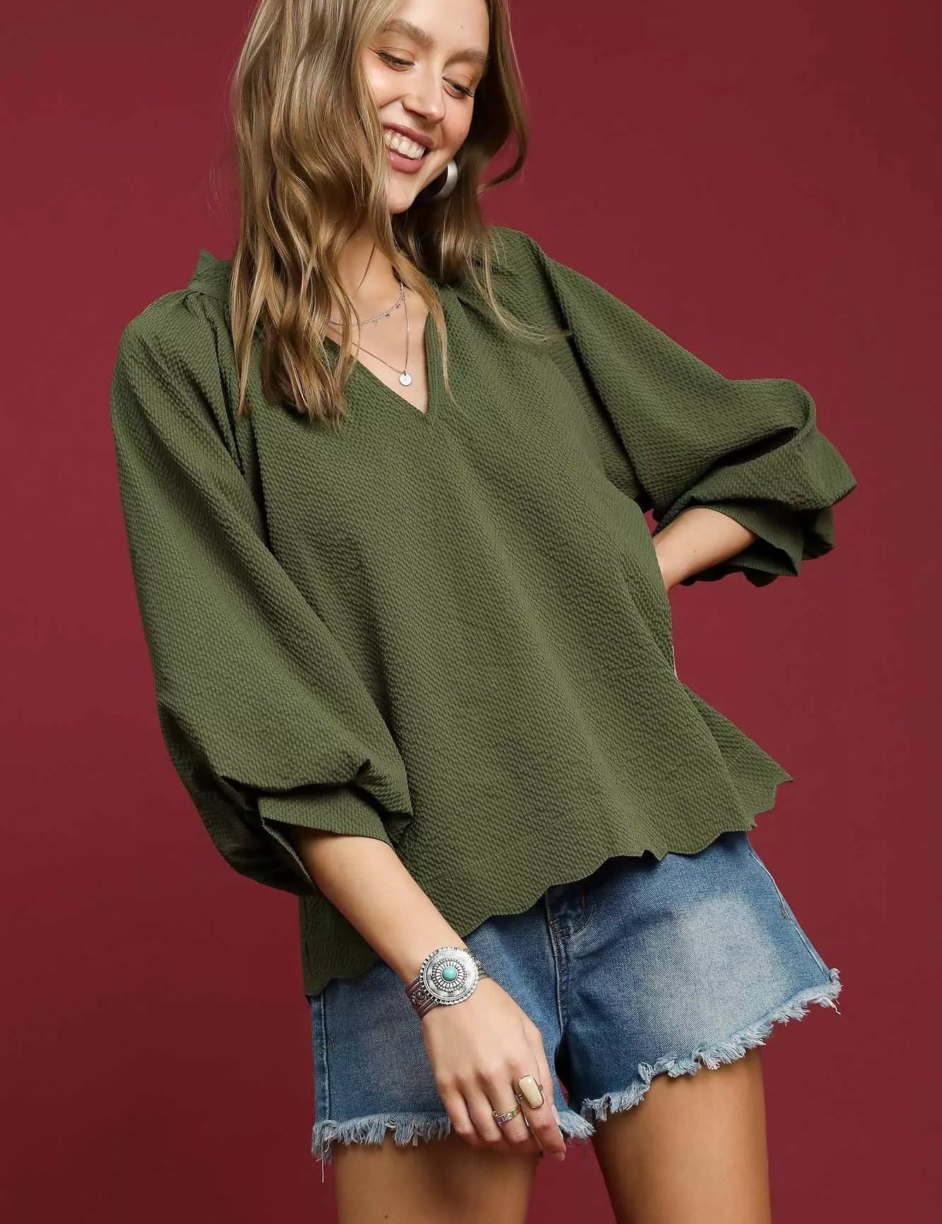 Olive Umgee Full Size Textured Notched Balloon Sleeve Blouse Plus Size | Blouses Daverri Fashions