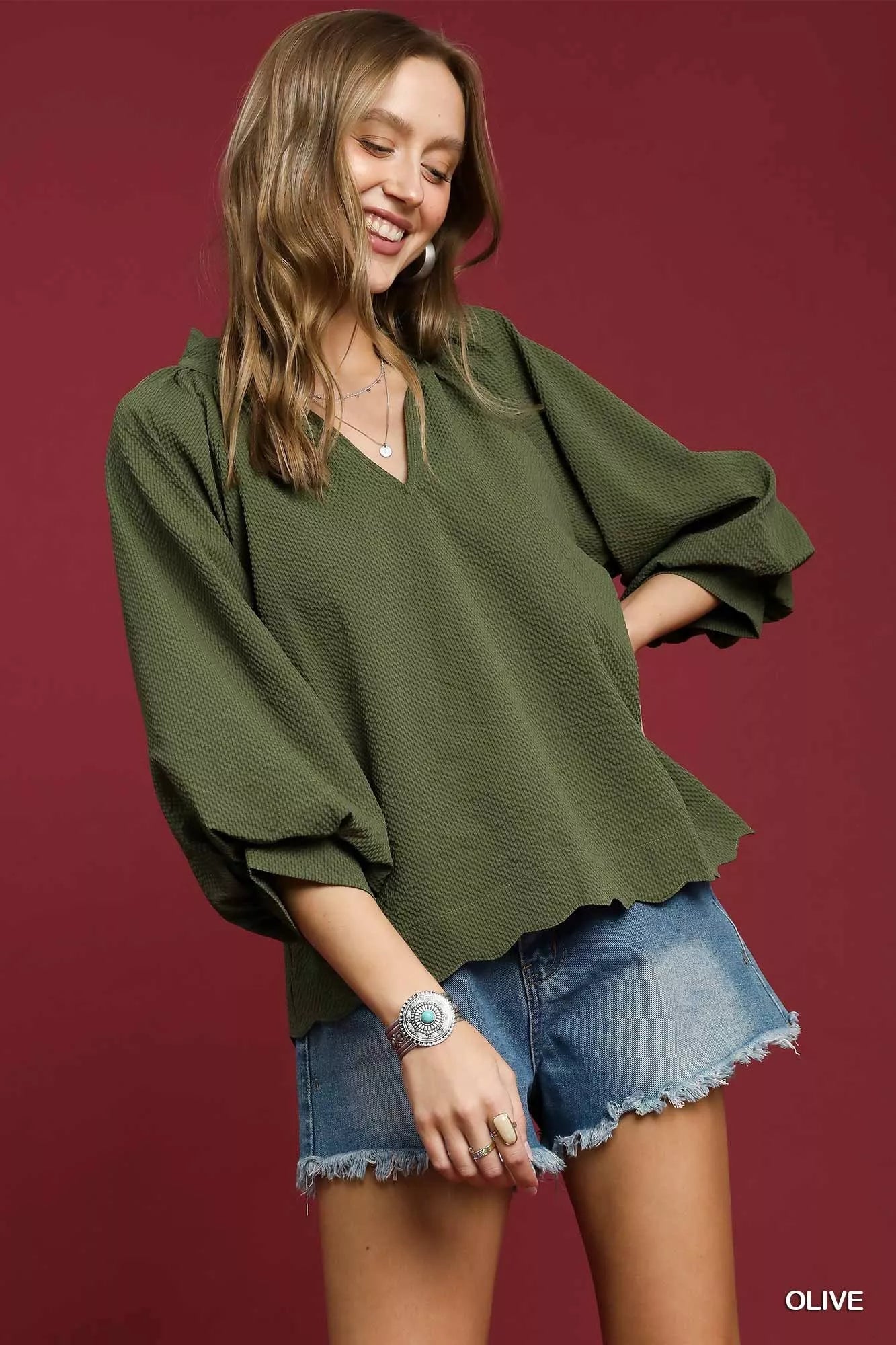 Olive Umgee Full Size Textured Notched Balloon Sleeve Blouse Plus Size | Blouses Daverri Fashions