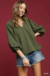 Olive Umgee Full Size Textured Notched Balloon Sleeve Blouse Plus Size | Blouses Daverri Fashions