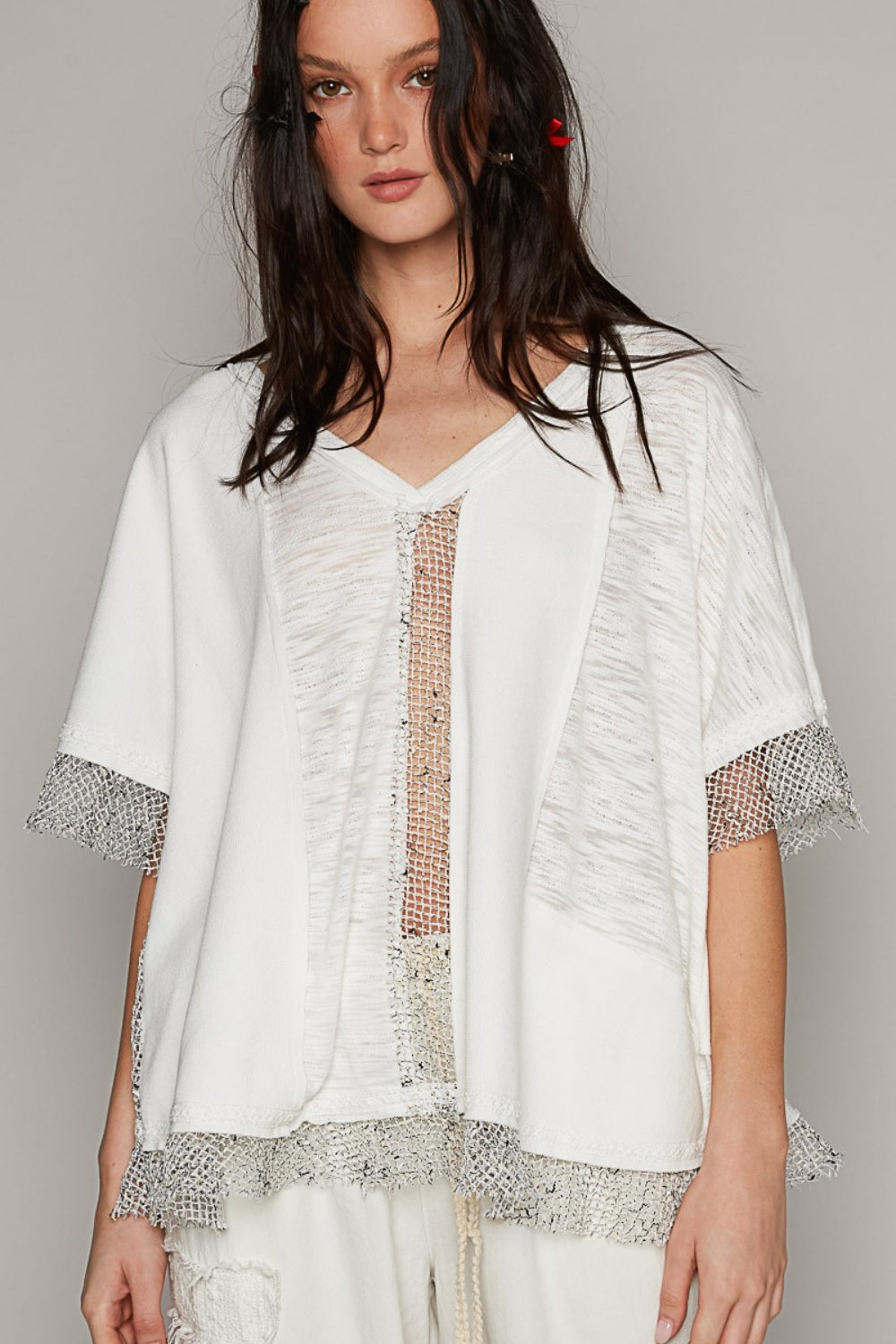 POL Openwork V-Neck Half Sleeve Top Off White