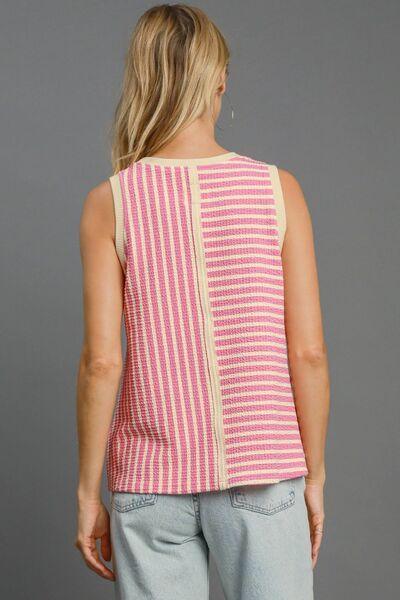 Umgee Round Neck Texture Striped Tank Pink - DAVERRI FASHIONS