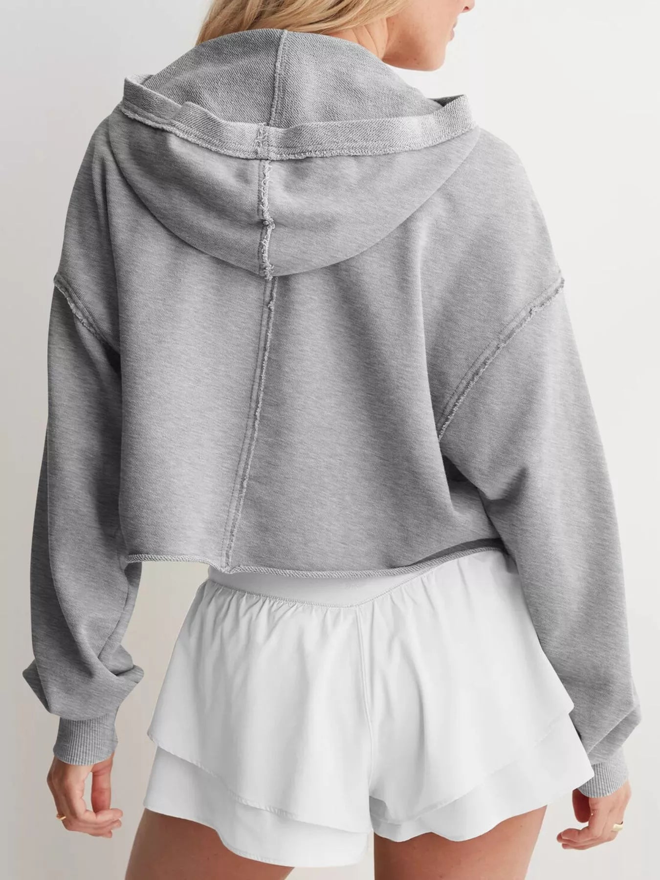 Gray Exposed Seam Dropped Shoulder Hoodie with distressed look