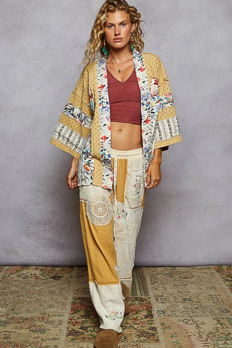 POL Raw Edge Open Front Patchwork Cardigan with Floral Trim Cardigans