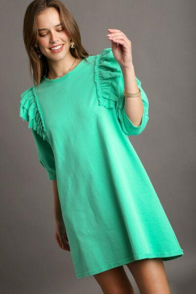 Umgee French Terry Ruffles Sleeve Dress UMG-EMERALD 1XL Mini Dresses