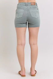 Judy Blue Full Size Hw Garment Dyed & Back Pkt Embroidery Shorts Plus Size | Daverri Fashions