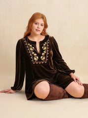 Plus Size Embroidered Notched Balloon Sleeve Mini Dress | Daverri Fashions