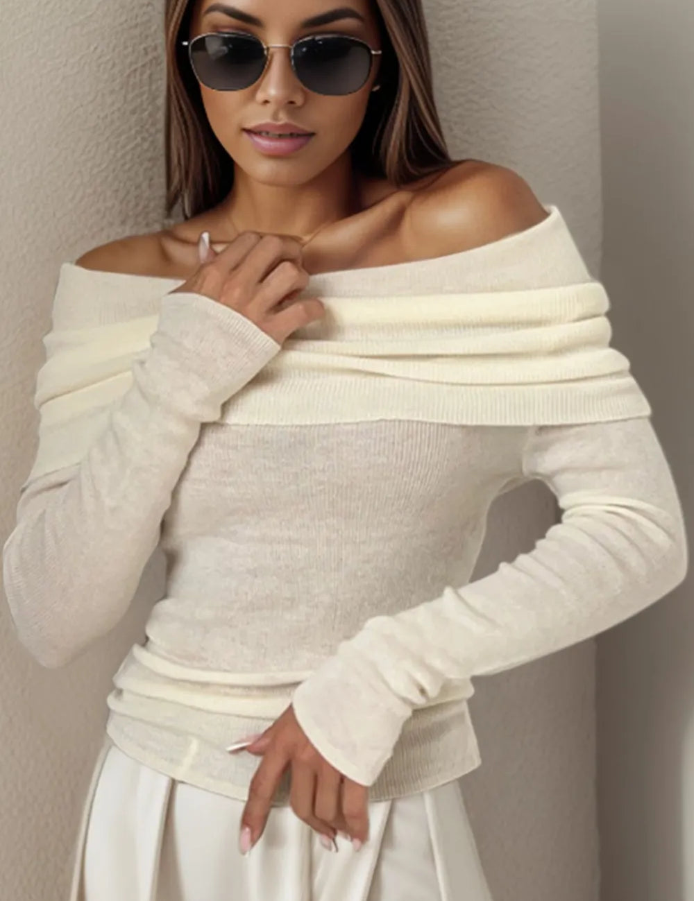 Ivory Off-Shoulder Long Sleeve Sweater | Sweaters Daverri Fashions