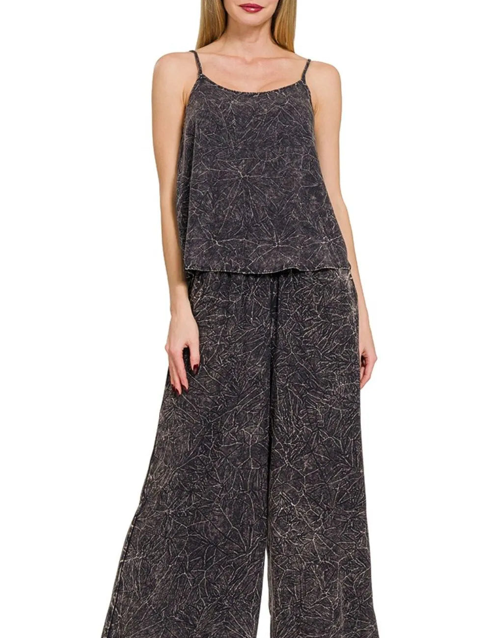 ASH BLACK Zenana Ash Black Woven Acid Crinkle Washed Cami & Pants 2 Piece Set | Outfit Sets Daverri Fashions