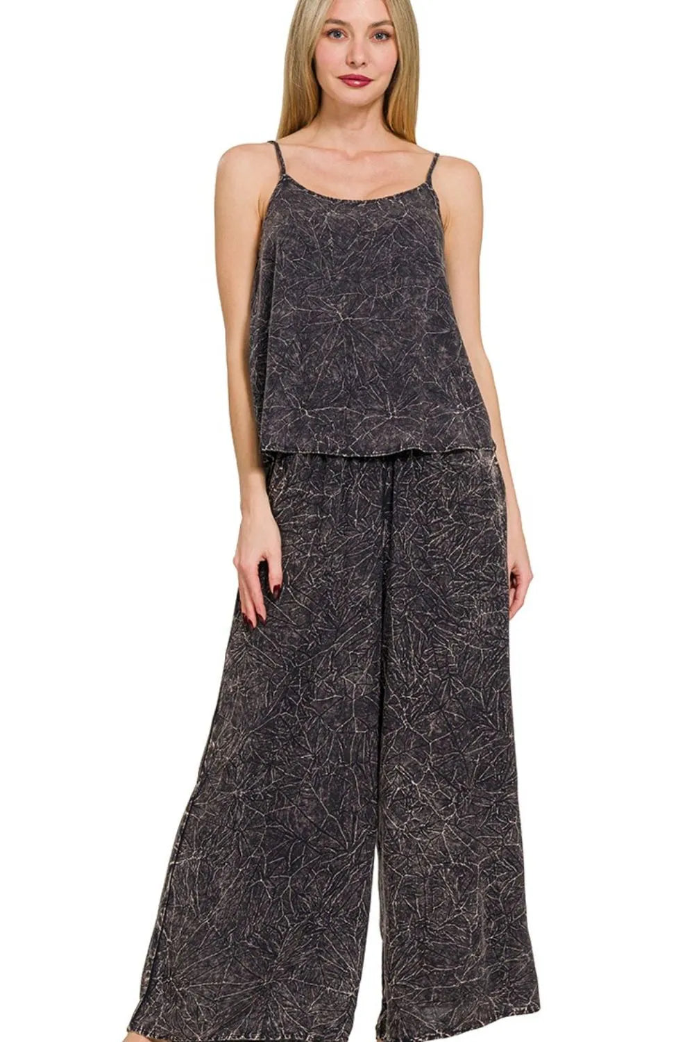 Zenana Ash Black Woven Acid Crinkle Washed Cami & Pants 2 Piece Set ASH BLACK Outfit Sets