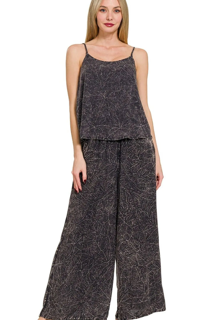 Zenana Ash Black Woven Acid Crinkle Washed Cami & Pants 2 Piece Set ASH BLACK Outfit Sets