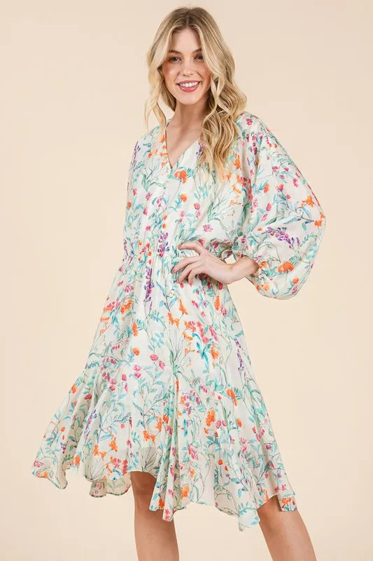 Lime 'N' Chili Floral Cinched Waist Balloon Sleeve V-Neck Dress IVORY FLORAL