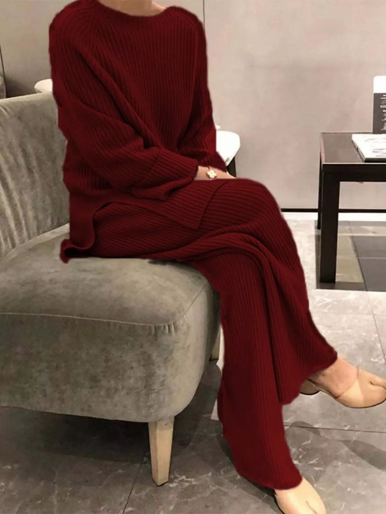 Cozy deep red ribbed knit plus size loungewear top and pants set